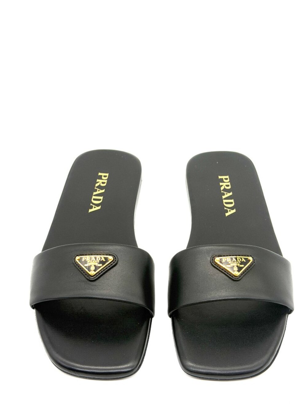 PRADA Triangle Logo Leather Flat Slide Sandals Shoes Black